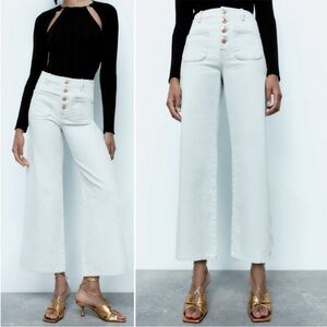 NEW Zara Z1975 High Waist Wide Leg Cropped Denim Jeans with Buttons Light Blue